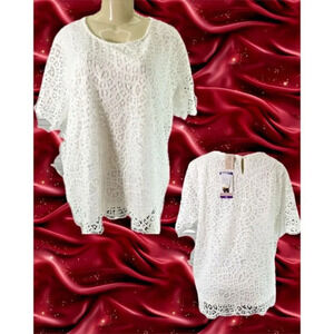 Philosophy Plus XXL White Lined Lace Scallop Trim Scoop Neck Short Sleeve Blouse